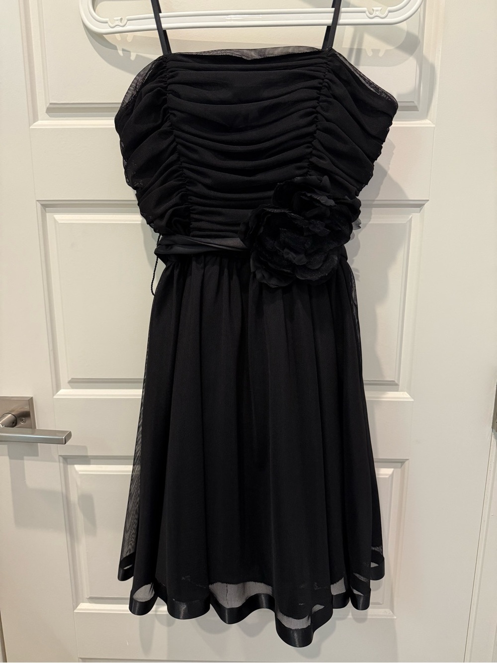Black Ruched Chiffon Strapless Cocktail Dress with Floral Accent